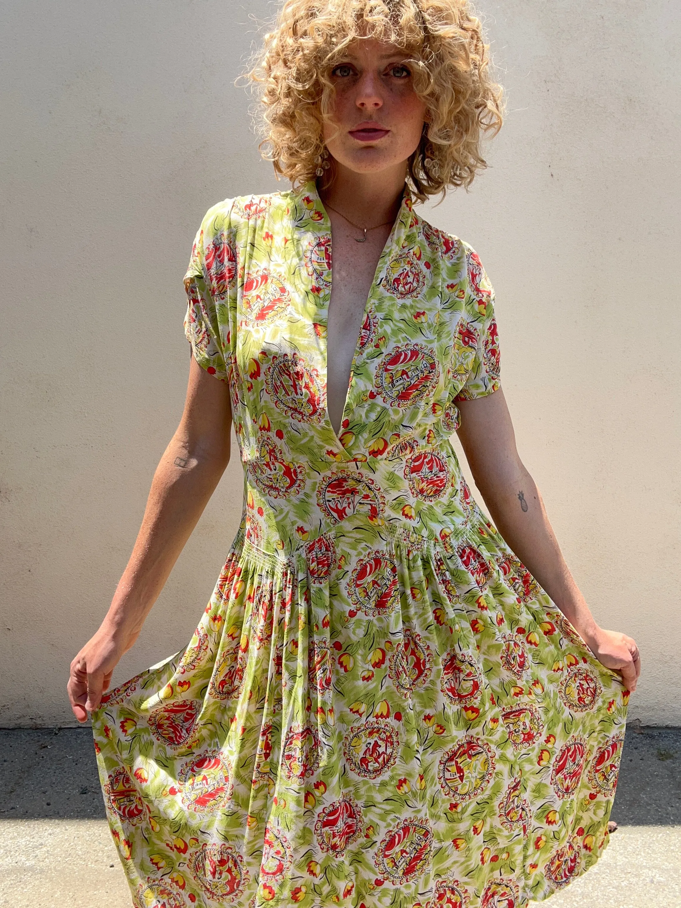 Vintage 1940s Green and Orange Print Dress