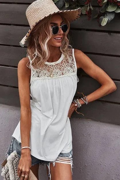 White Crew Neck Lace Solid Loose Fit Top