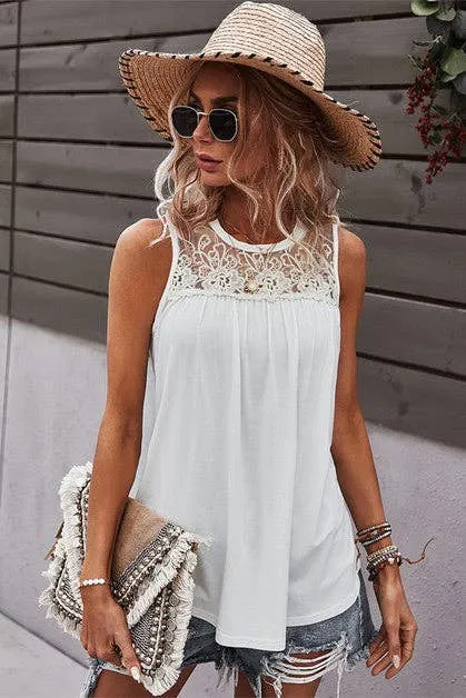 White Crew Neck Lace Solid Loose Fit Top