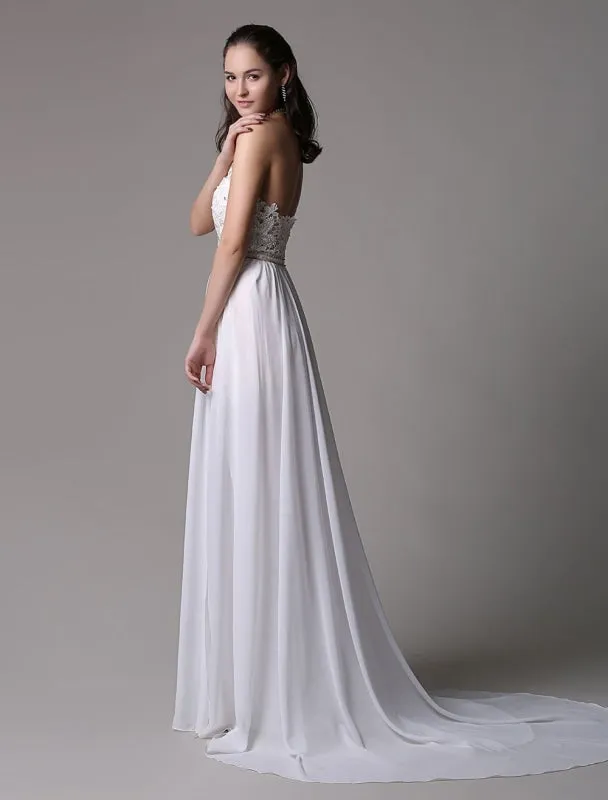 White Prom Dresses 2021 Long Ivory Halter Backless Evening Dress Lace Applique Beading Chiffon Split Party Dress