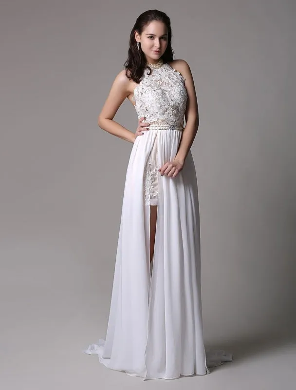 White Prom Dresses 2021 Long Ivory Halter Backless Evening Dress Lace Applique Beading Chiffon Split Party Dress