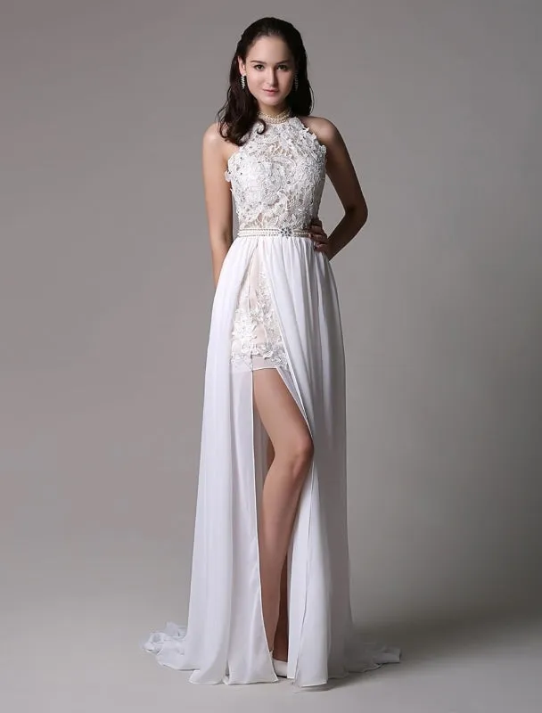 White Prom Dresses 2021 Long Ivory Halter Backless Evening Dress Lace Applique Beading Chiffon Split Party Dress