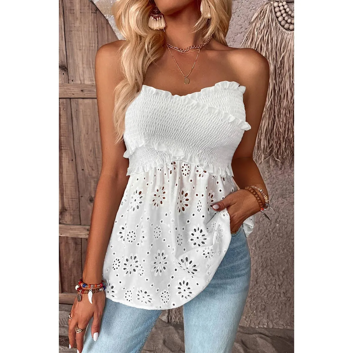 White Ruched Off Shoulder Sleeveless Hollow Out Top