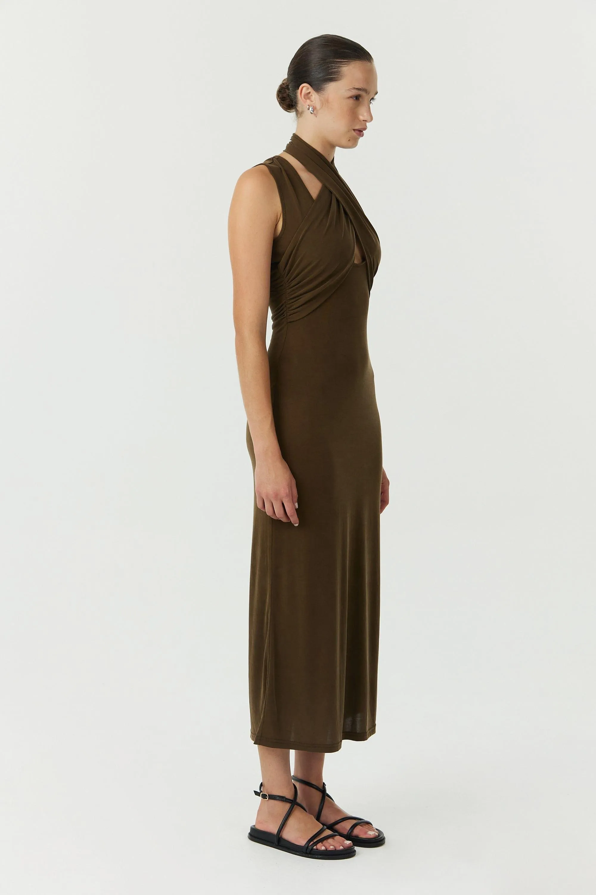 WISTERIA WRAP NECK TANK DRESS | CHOCOLATE