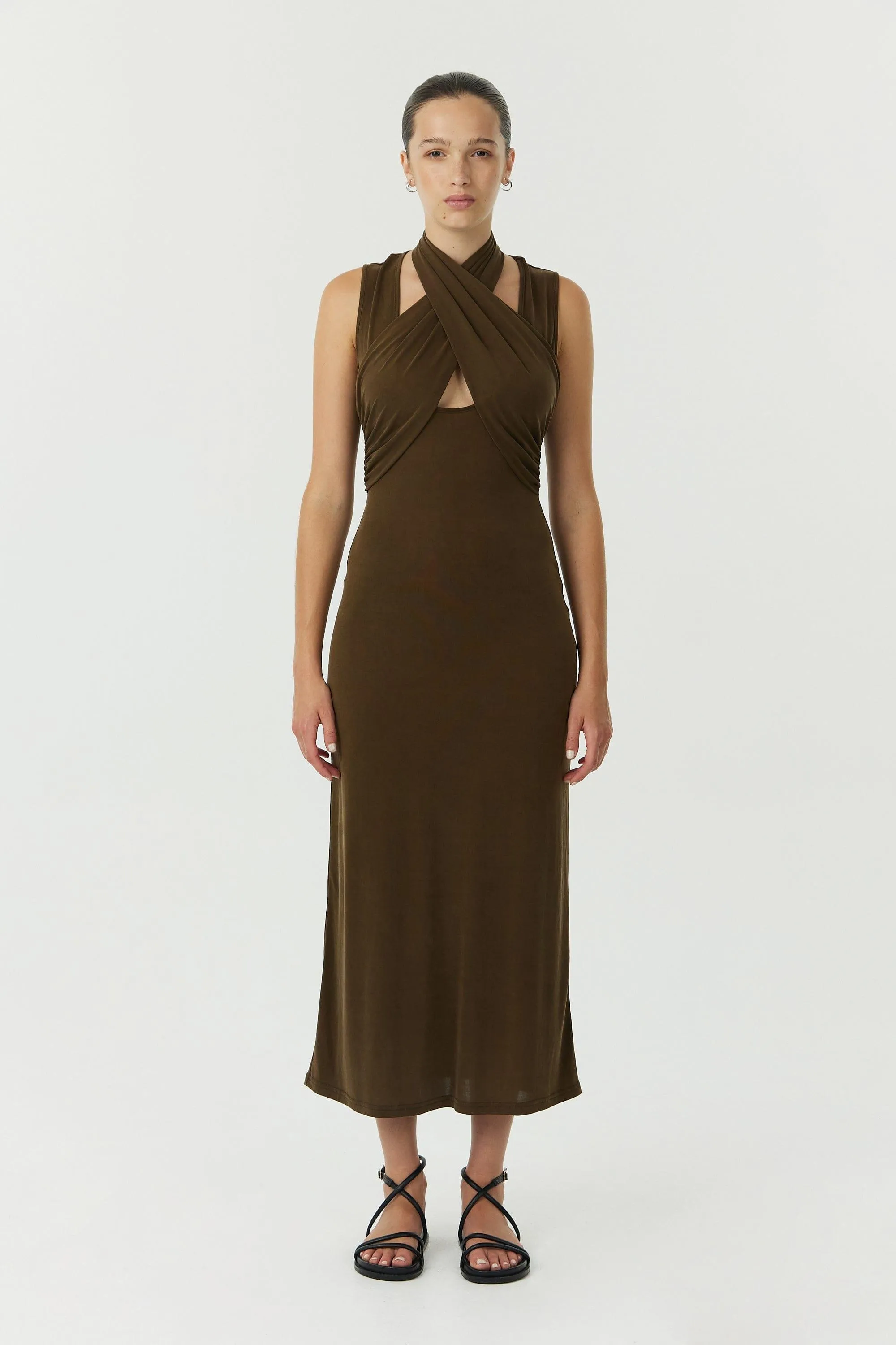 WISTERIA WRAP NECK TANK DRESS | CHOCOLATE