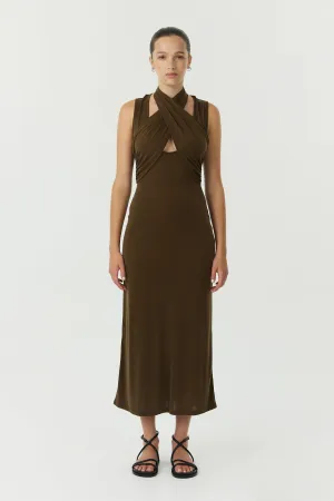 WISTERIA WRAP NECK TANK DRESS | CHOCOLATE