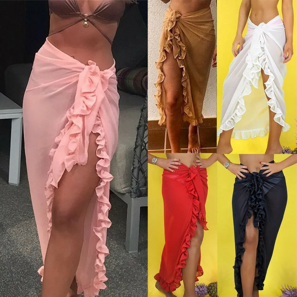 Women Chiffon See-Through Beach Bikini Cover Up Wrap Scarf Swimwear Pareo Sarong Dress Solid Ruffle Casual Beach Dress