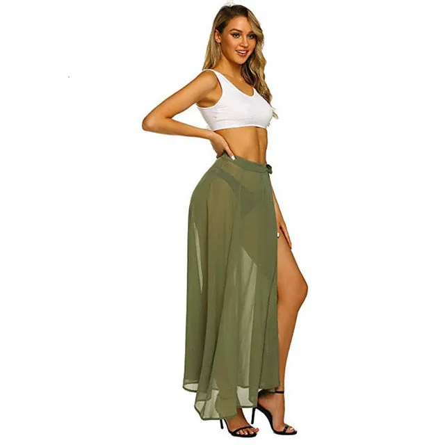 Women Chiffon See-Through Beach Bikini Cover Up Wrap Scarf Swimwear Pareo Sarong Dress Solid Ruffle Casual Beach Dress