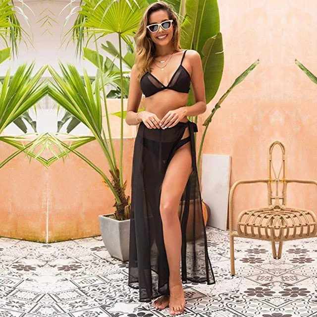 Women Chiffon See-Through Beach Bikini Cover Up Wrap Scarf Swimwear Pareo Sarong Dress Solid Ruffle Casual Beach Dress