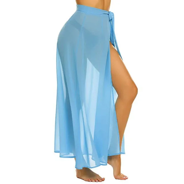 Women Chiffon See-Through Beach Bikini Cover Up Wrap Scarf Swimwear Pareo Sarong Dress Solid Ruffle Casual Beach Dress