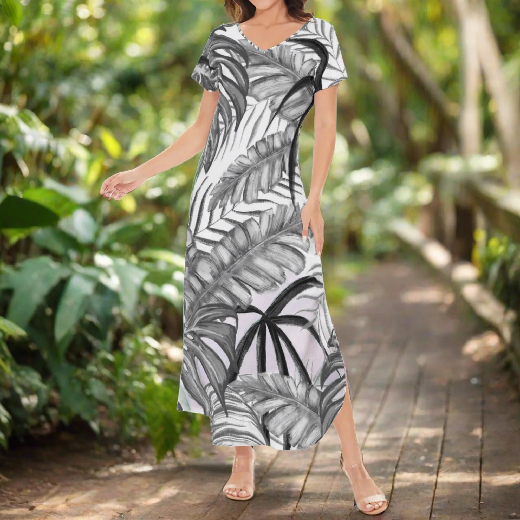 Women's Black & White Palm Leaves Pattern Short Sleeve Long Draped Dress