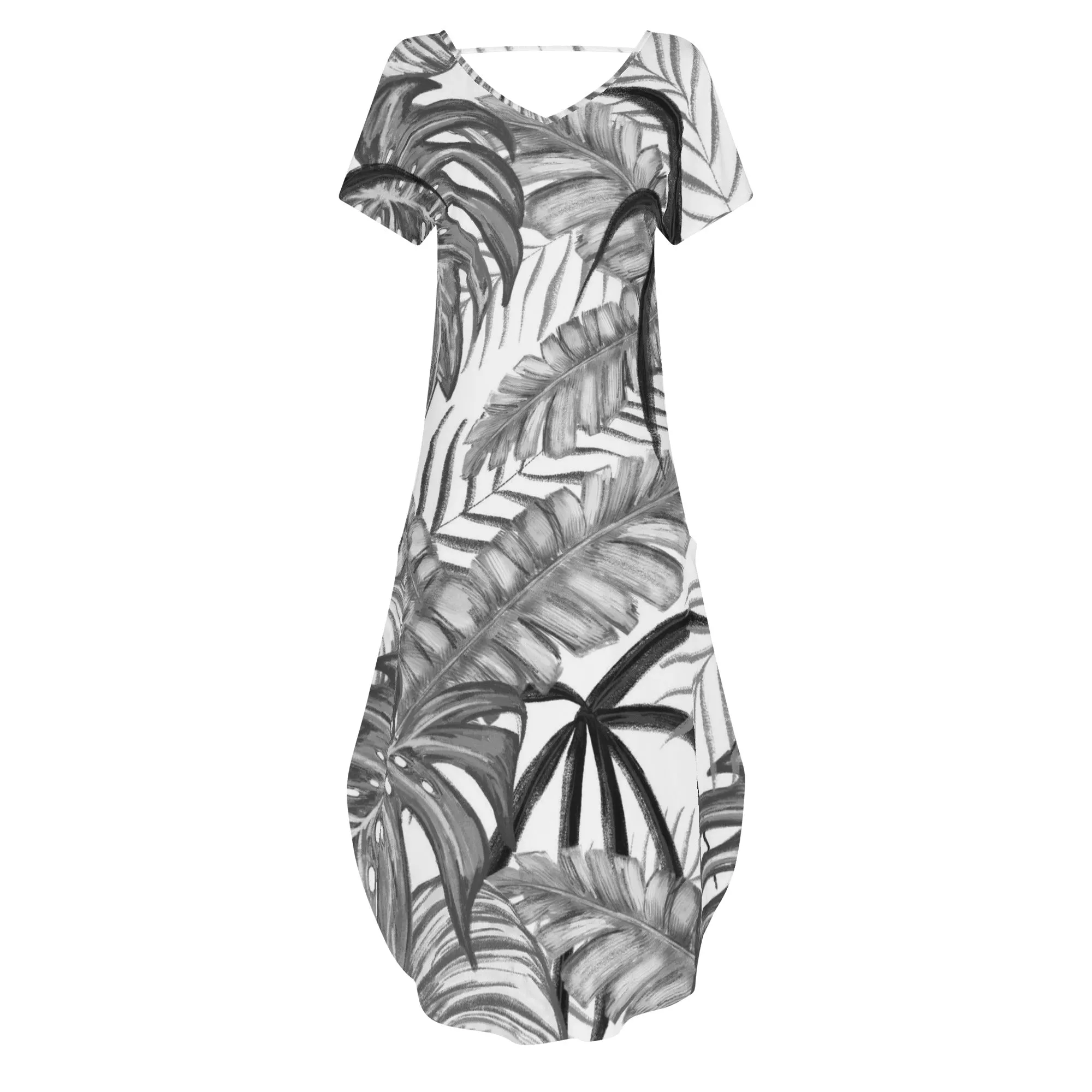 Women's Black & White Palm Leaves Pattern Short Sleeve Long Draped Dress