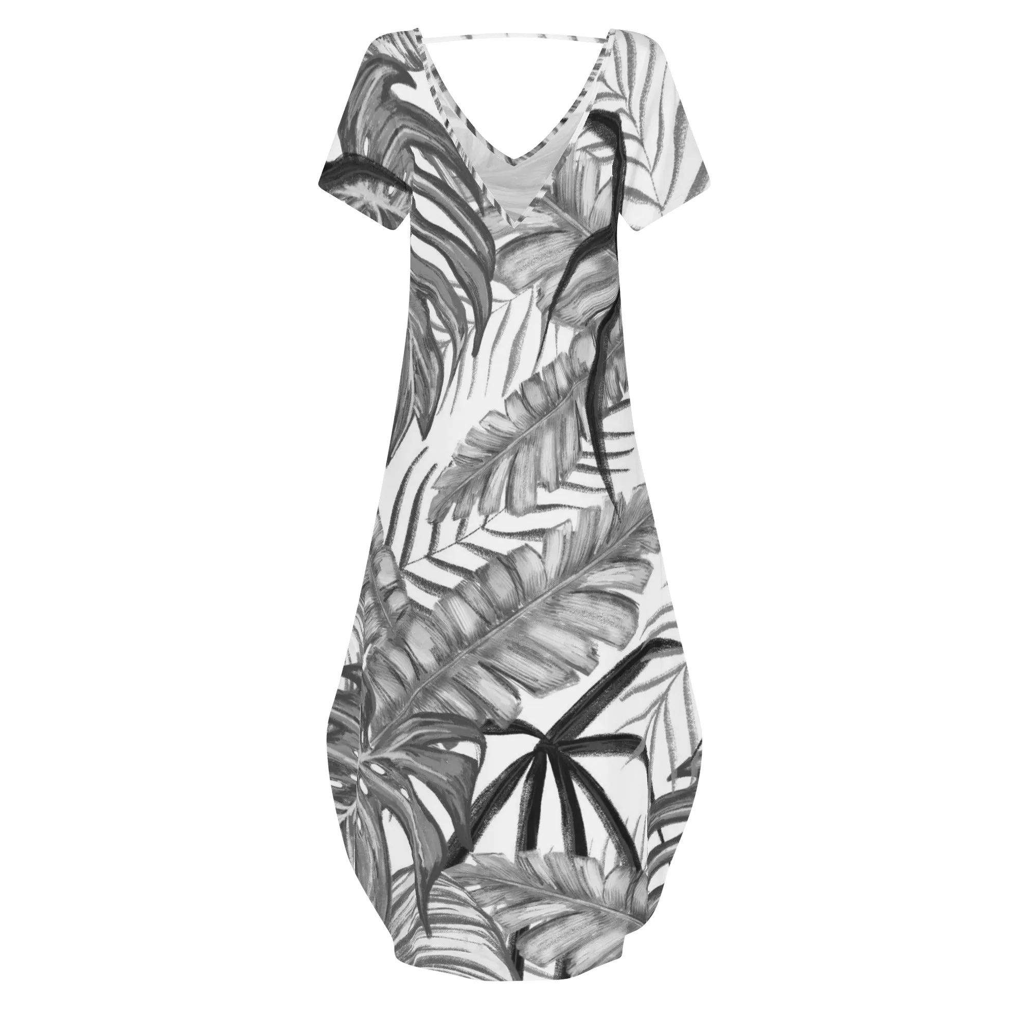 Women's Black & White Palm Leaves Pattern Short Sleeve Long Draped Dress