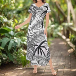 Women's Black & White Palm Leaves Pattern Short Sleeve Long Draped Dress