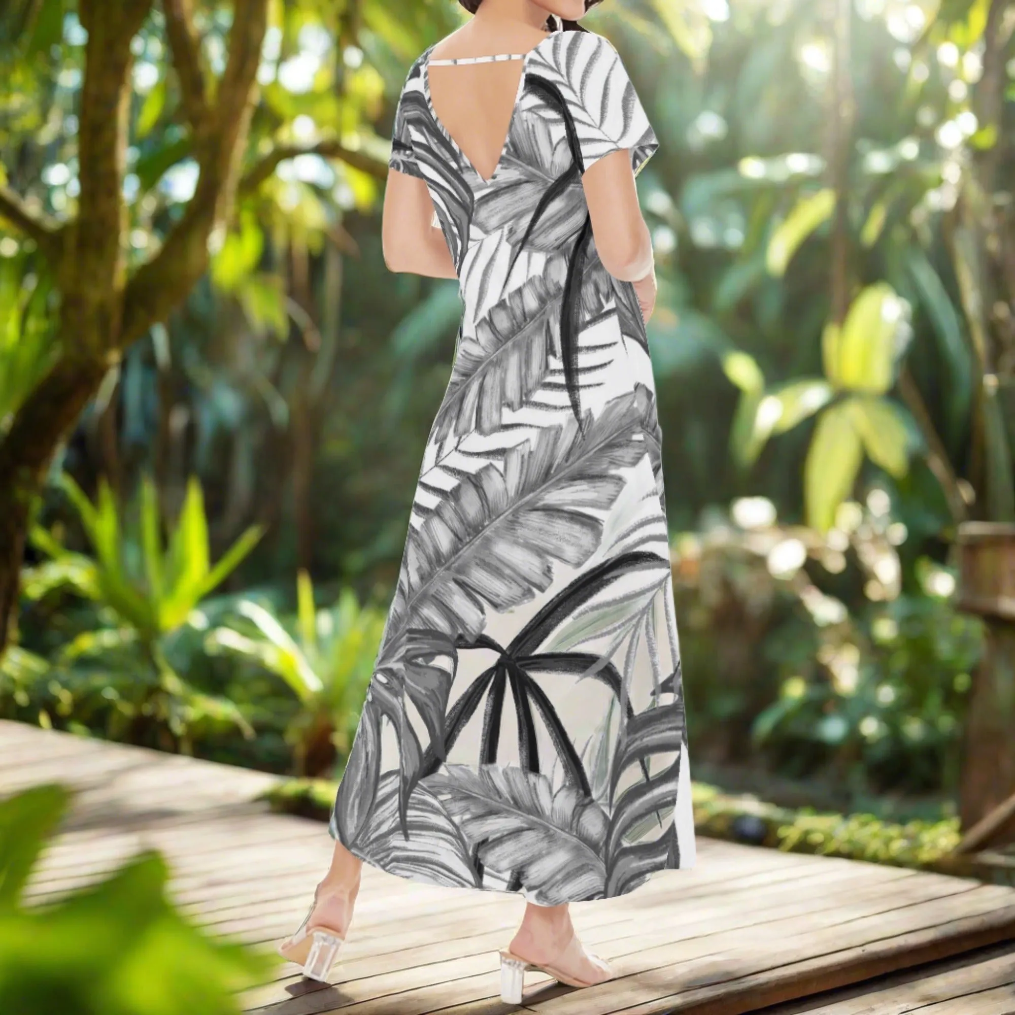 Women's Black & White Palm Leaves Pattern Short Sleeve Long Draped Dress