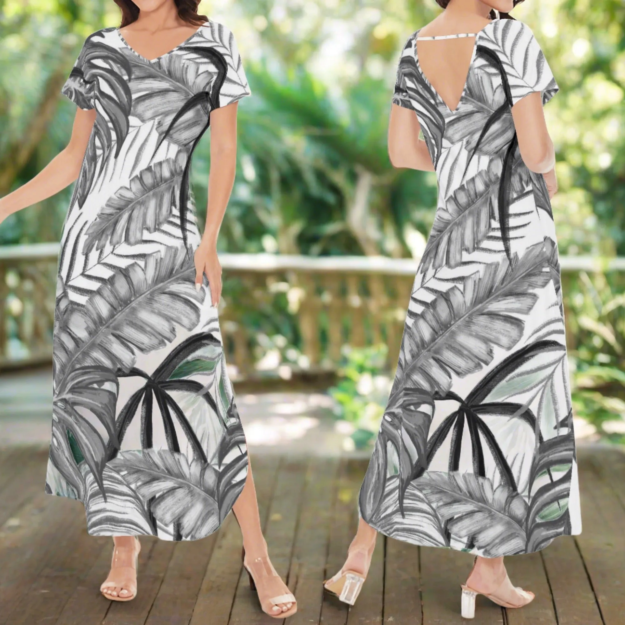 Women's Black & White Palm Leaves Pattern Short Sleeve Long Draped Dress