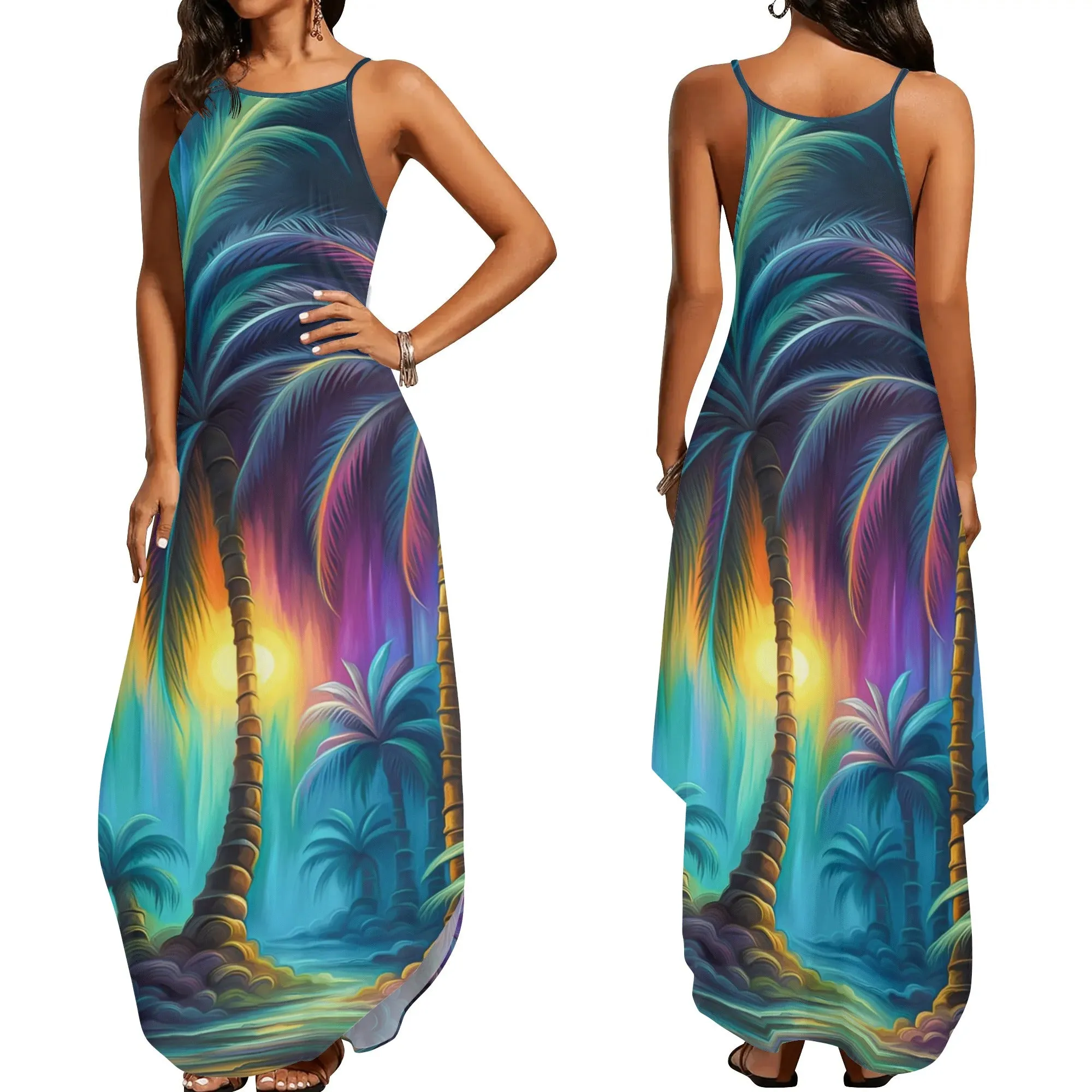 Womens Colorful Island Vibes Spaghetti Strap Long Sundresses