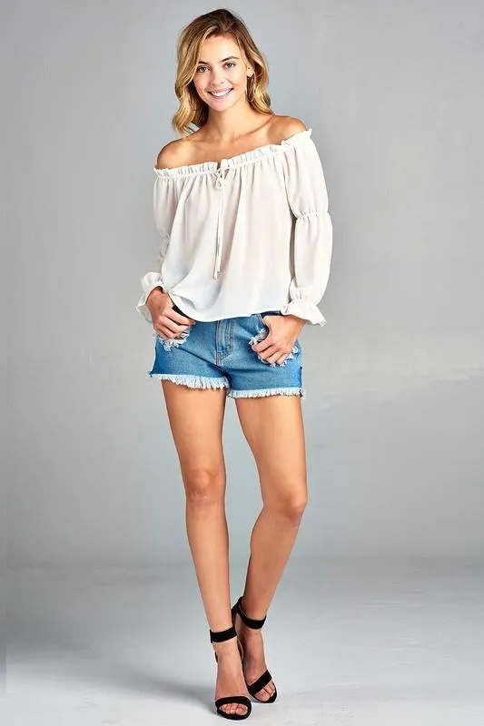 Women's Puff Long Sleeve Ruffled Front Tie Off Shoulder Top