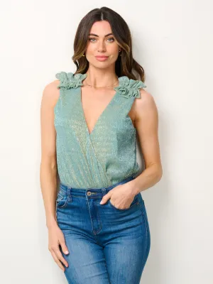 WOMEN'S SLEEVELESS SURPLICE SHIMMER BODYSUIT