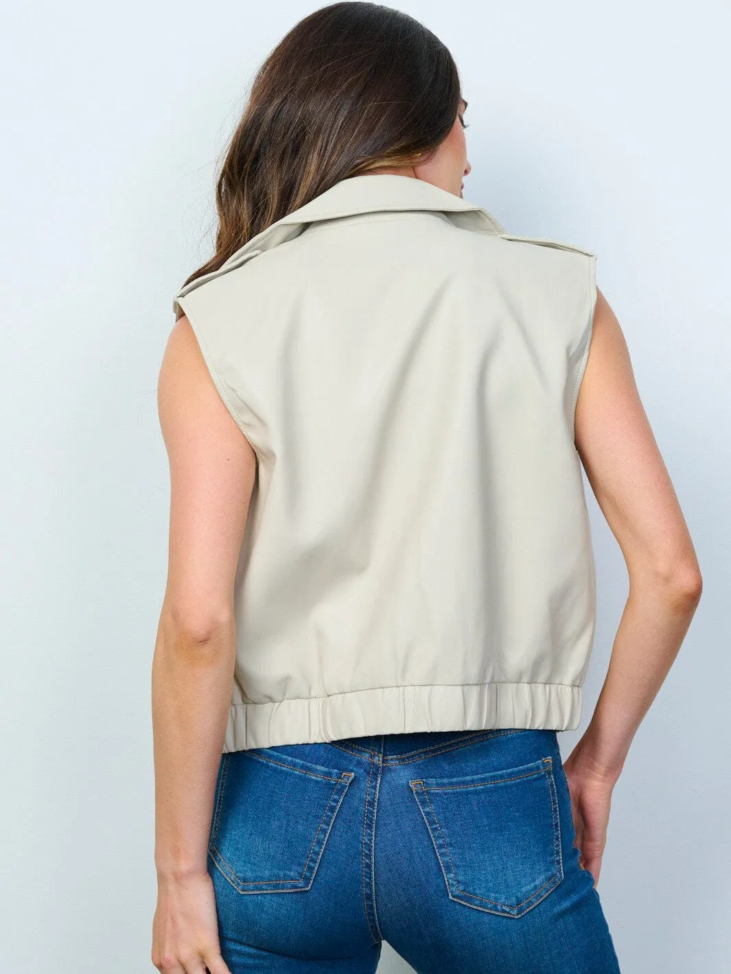 WOMEN'S SLEEVELESS ZIP UP FRONT POCKETS PU PLEATHER VEST