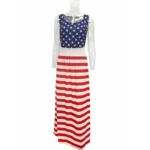 Women's Stars and Stripes Maxi Dress Sleeveless USA Independence Day Dress