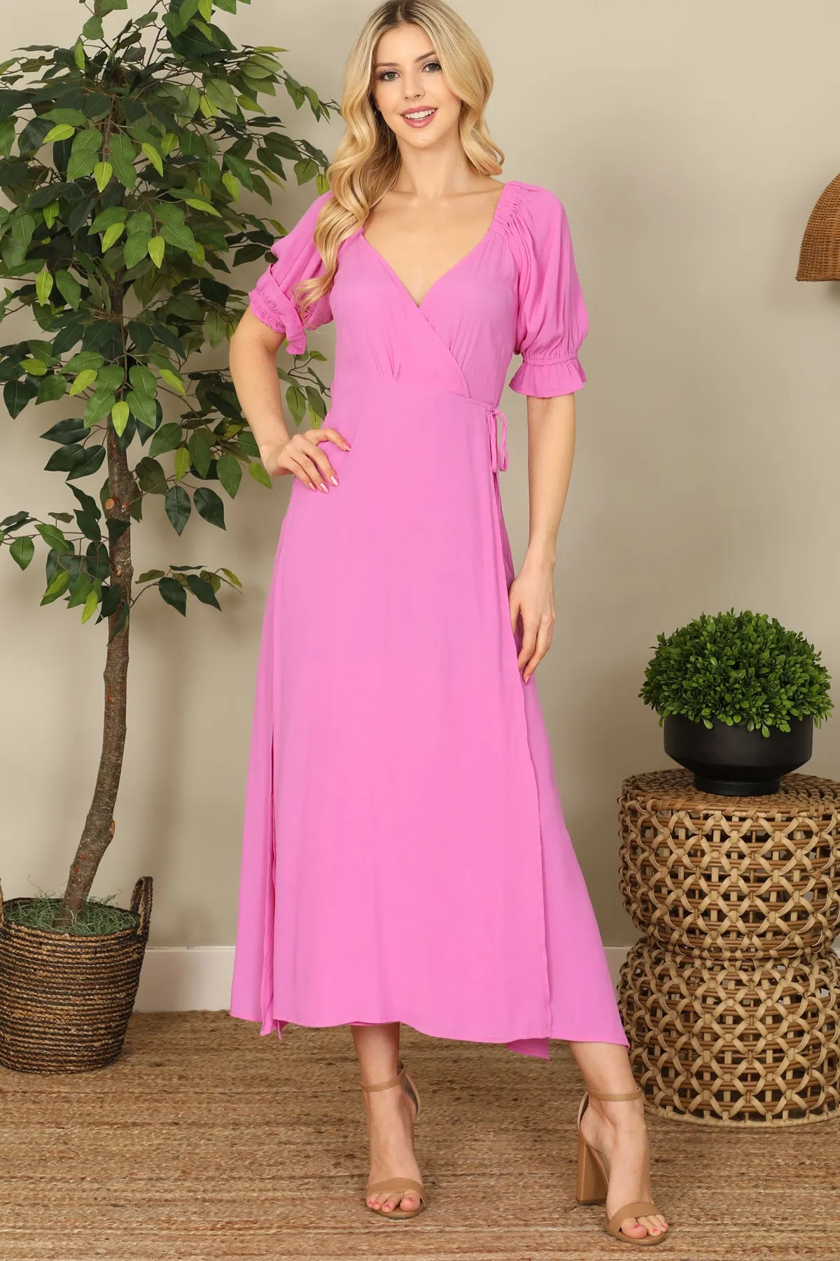Wrap Puff Sleeve Side Slit Solid Midi Dress