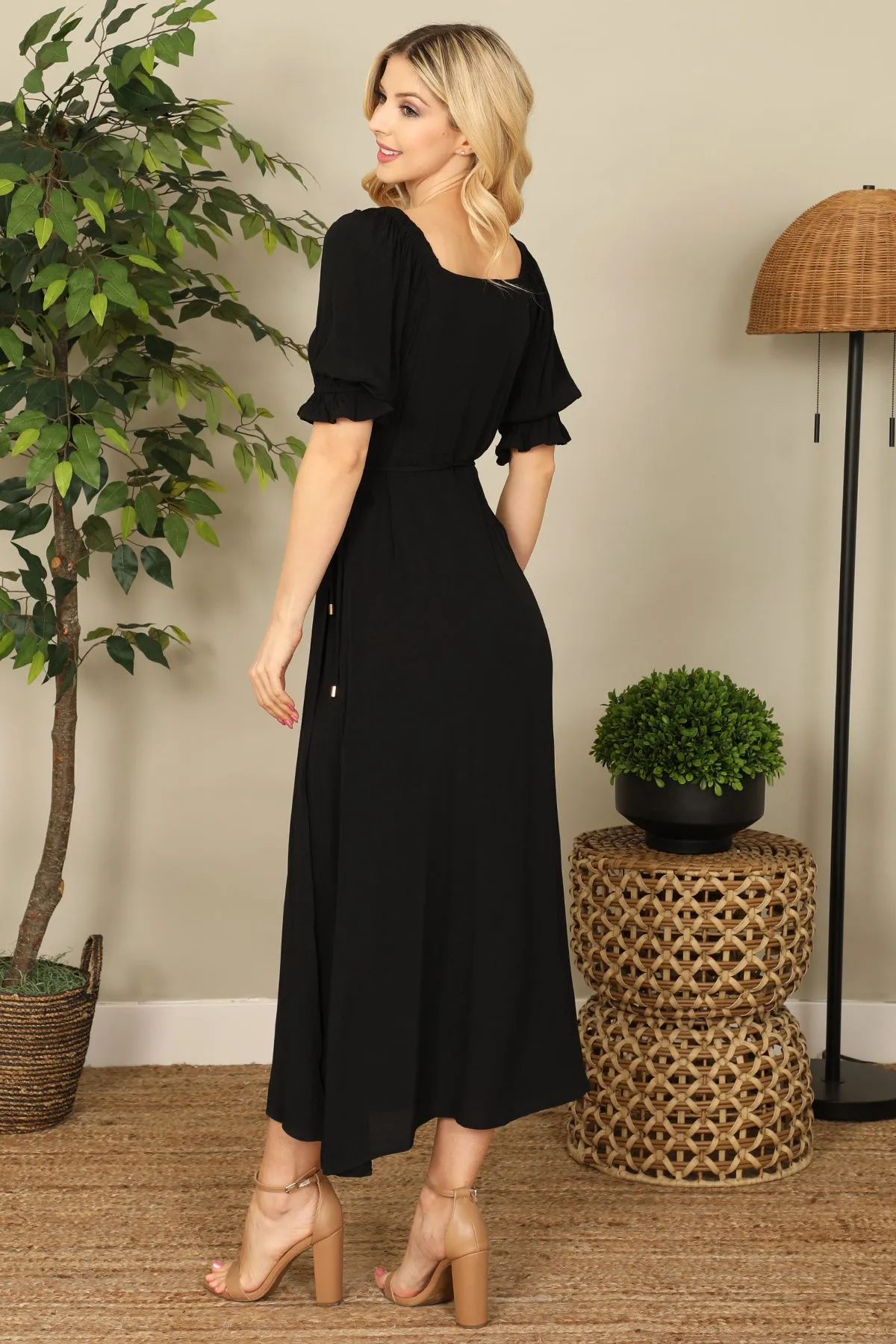 Wrap Puff Sleeve Side Slit Solid Midi Dress