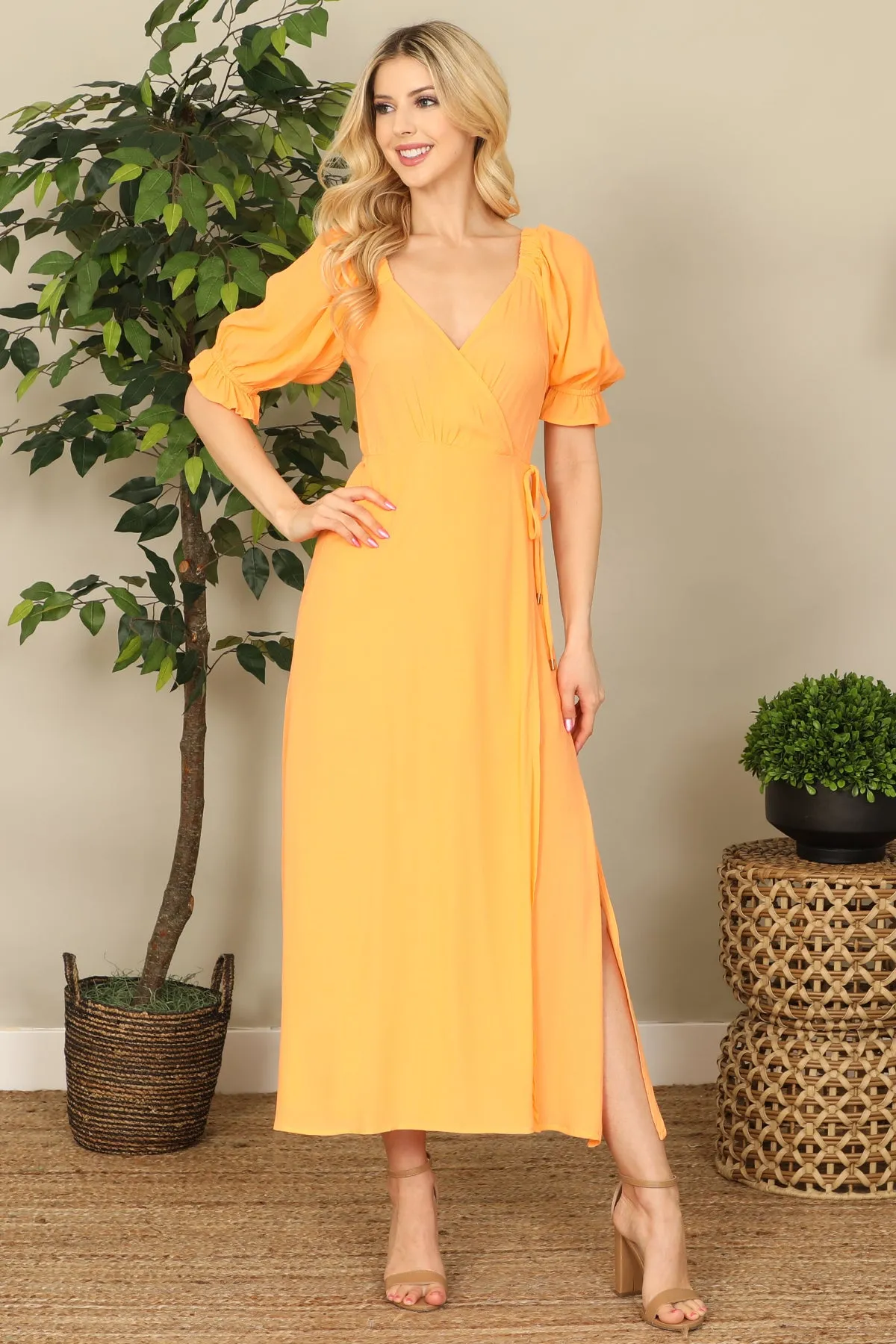 Wrap Puff Sleeve Side Slit Solid Midi Dress