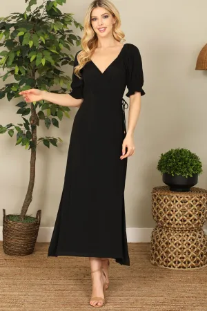 Wrap Puff Sleeve Side Slit Solid Midi Dress