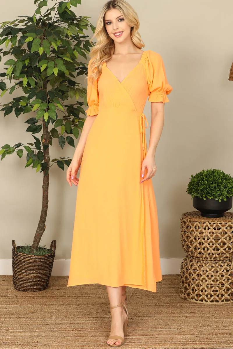 Wrap Puff Sleeve Side Slit Solid Midi Dress
