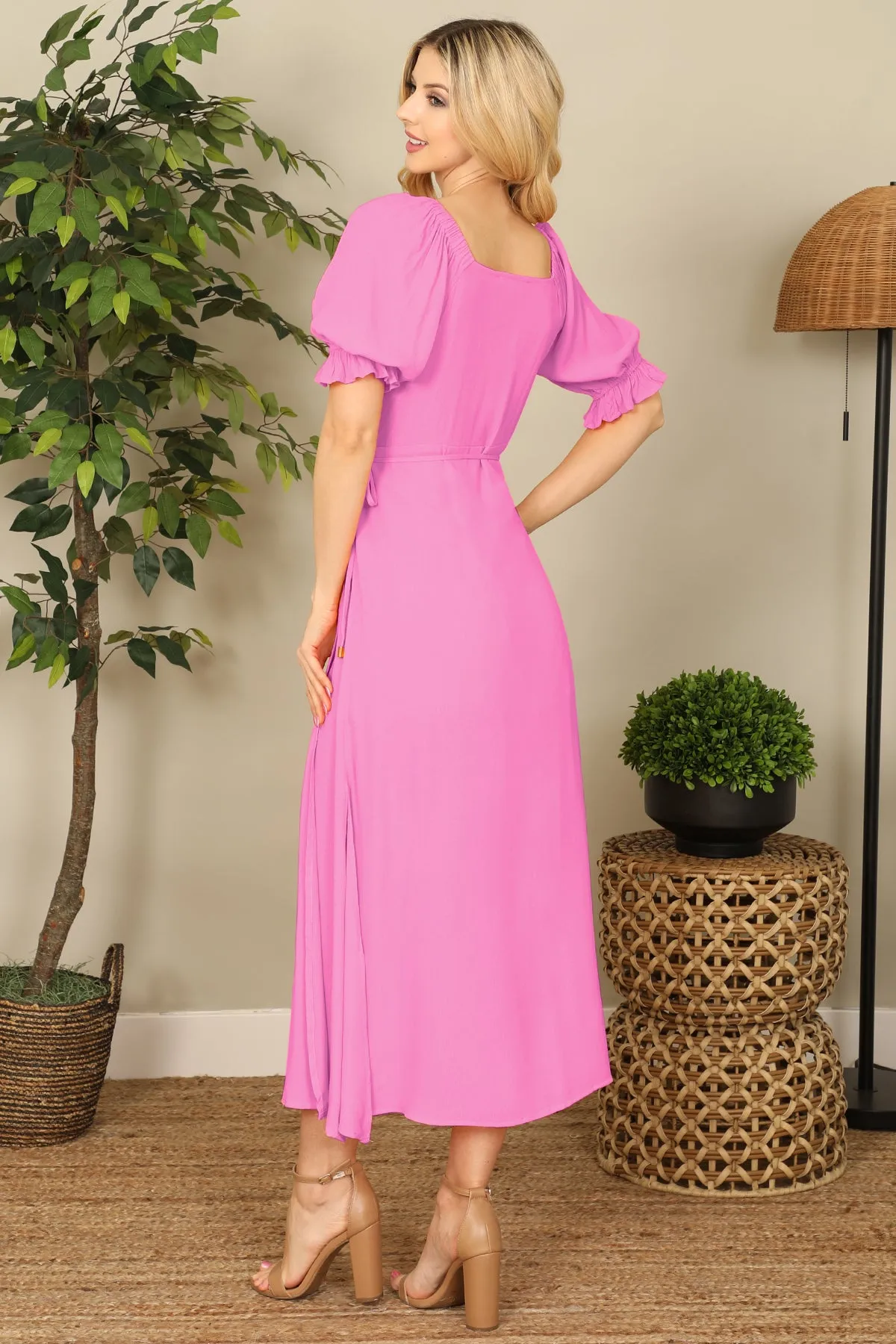 Wrap Puff Sleeve Side Slit Solid Midi Dress