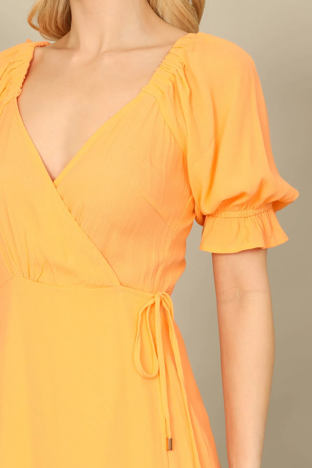 Wrap Puff Sleeve Side Slit Solid Midi Dress