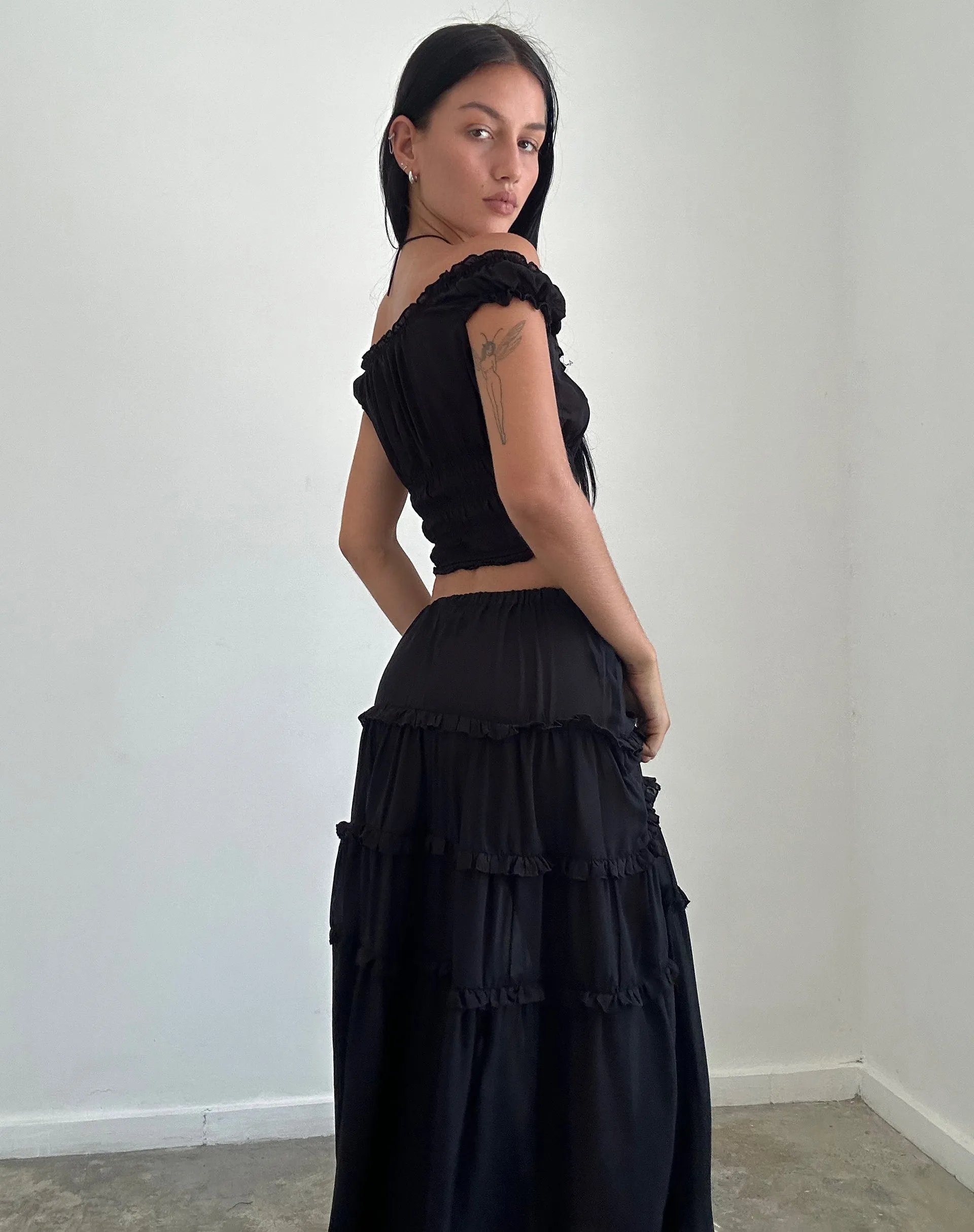 Xavi Shirred Bardot Top in Chiffon Black