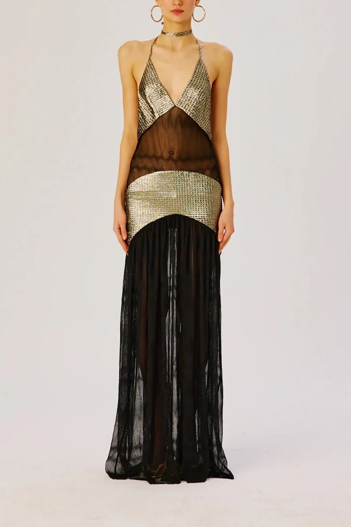 Yuni Embellished Chiffon Maxi Dress in Black