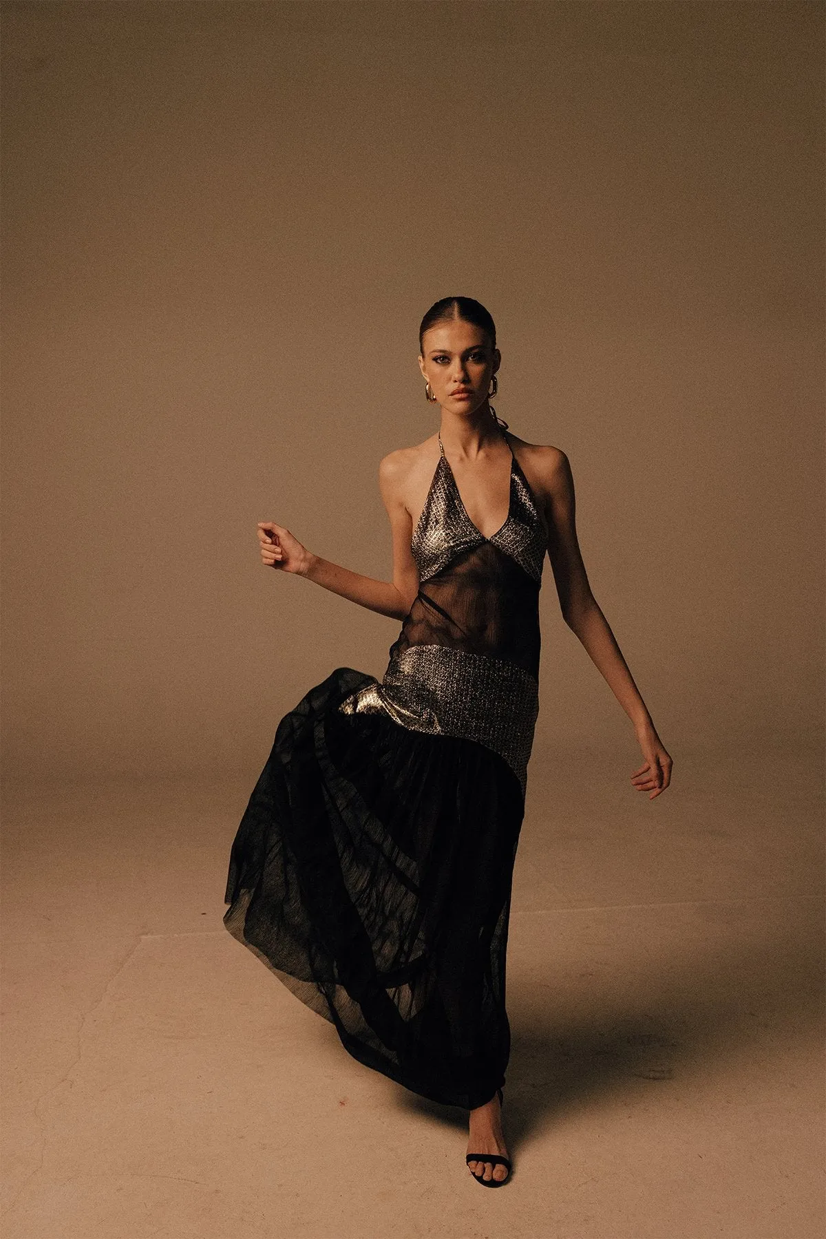 Yuni Embellished Chiffon Maxi Dress in Black