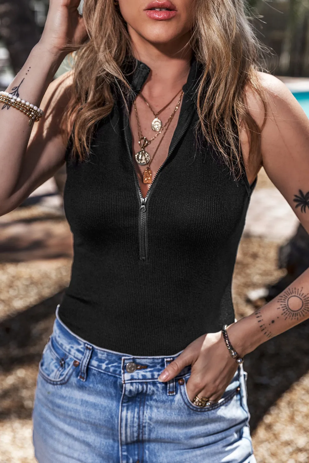Zip up Mock Neck Ribbed Bodysuit