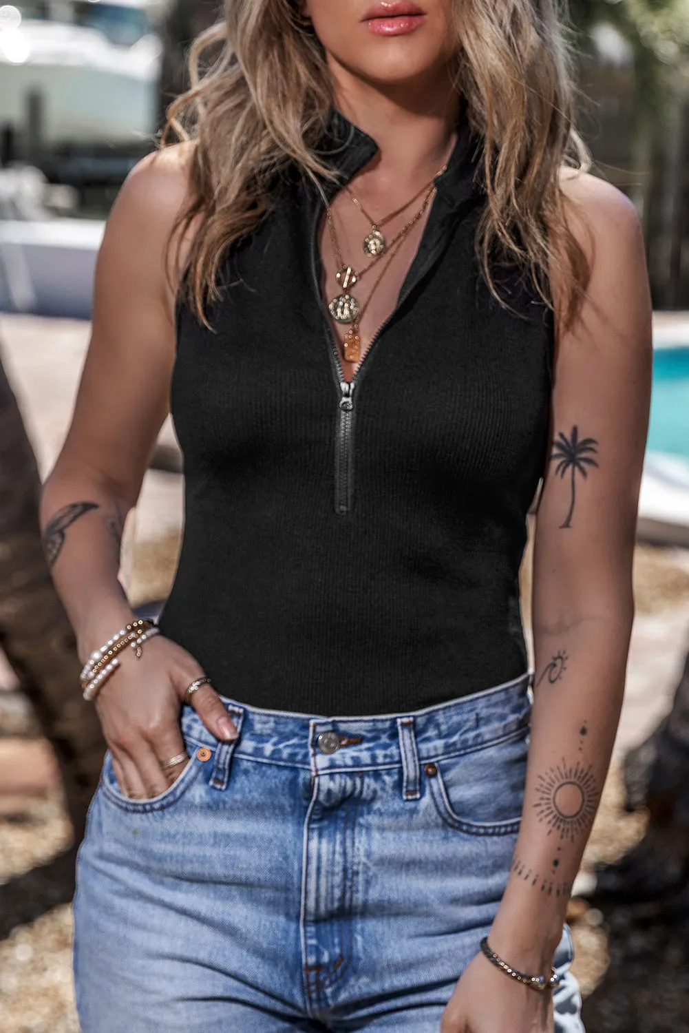 Zip up Mock Neck Ribbed Bodysuit